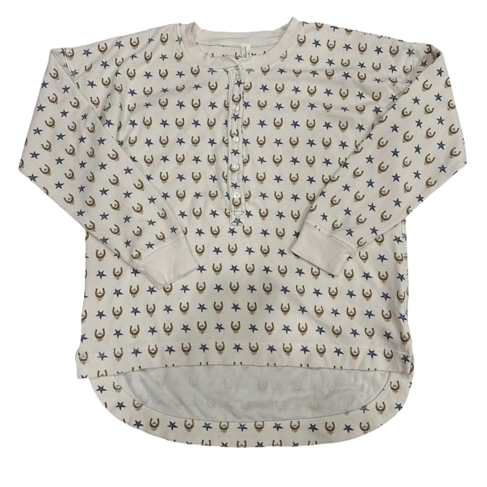 Anthropologie Womens M Pajama Set Thermal Waffle Knit Star Horseshoe Cream Blue